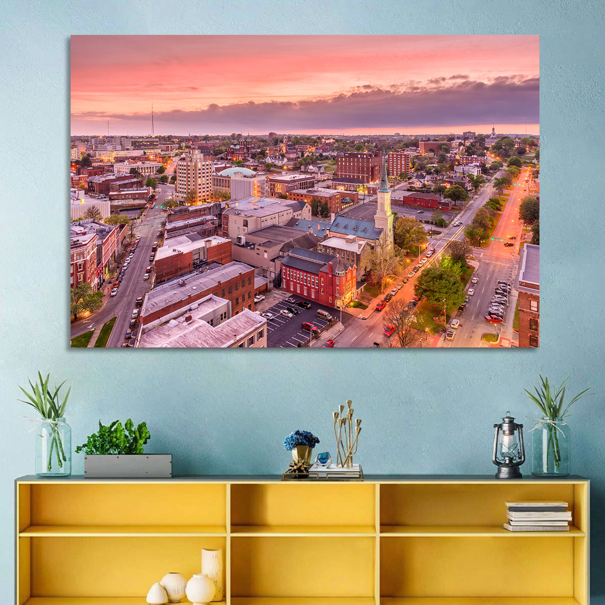 Church Spire at Dusk Wall Art in a room, landscape