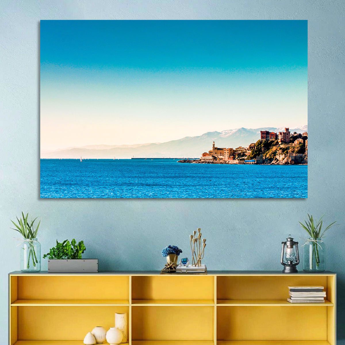 Genoa Coastal Seascape Wall Art in a room, landscape