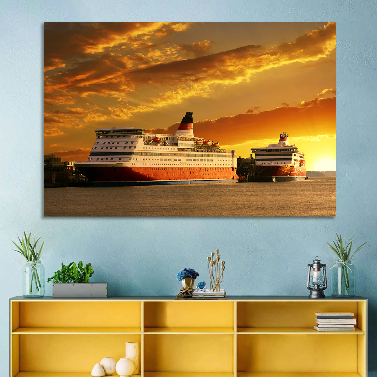 Red-hulled Cruise Ships at Dusk Wall Art in a room, landscape