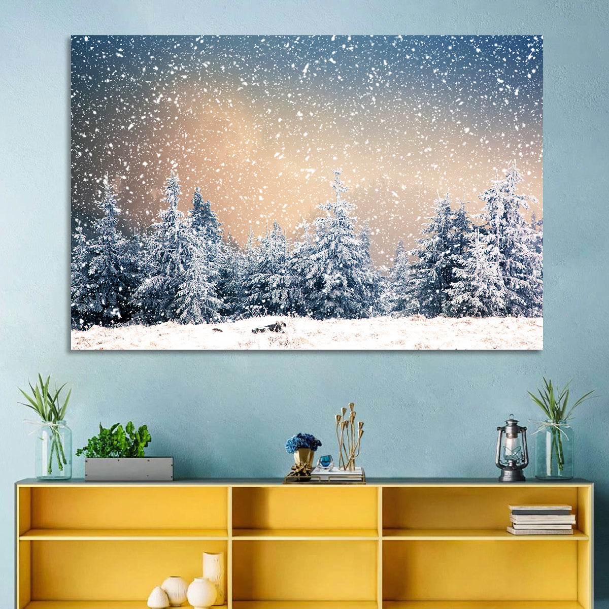 Winter Forest Wonderland Wall Art in a room, landscape