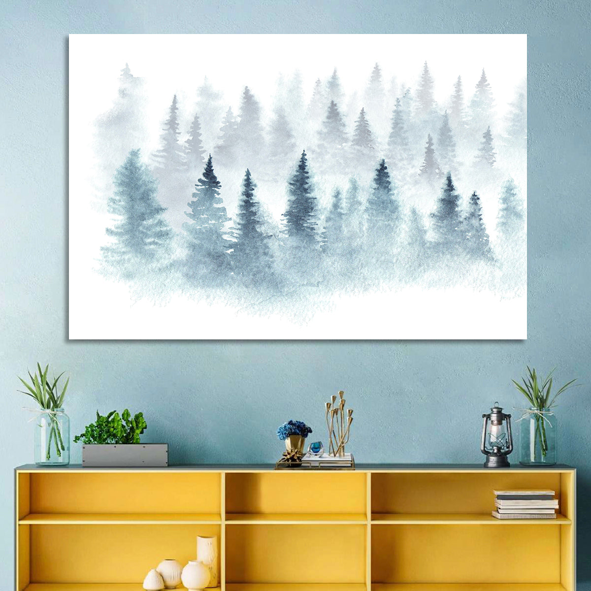 Misty Pine Forest Watercolor Wall Art in a room, landscape