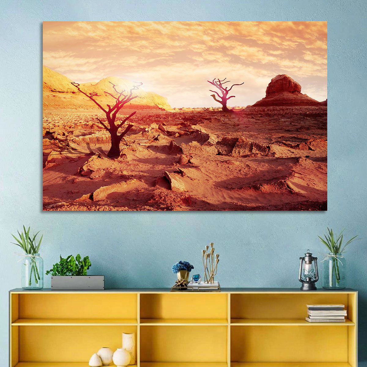 Gnarled Trees at Desert Sunset Wall Art in a room, landscape