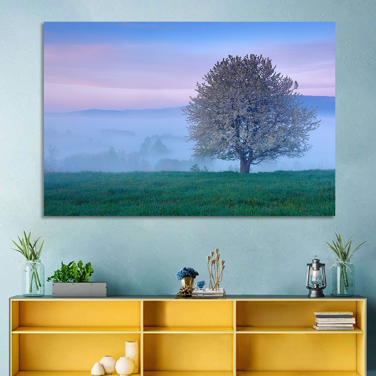 Misty Sumava Mountain Tree Wall Art in a room, landscape