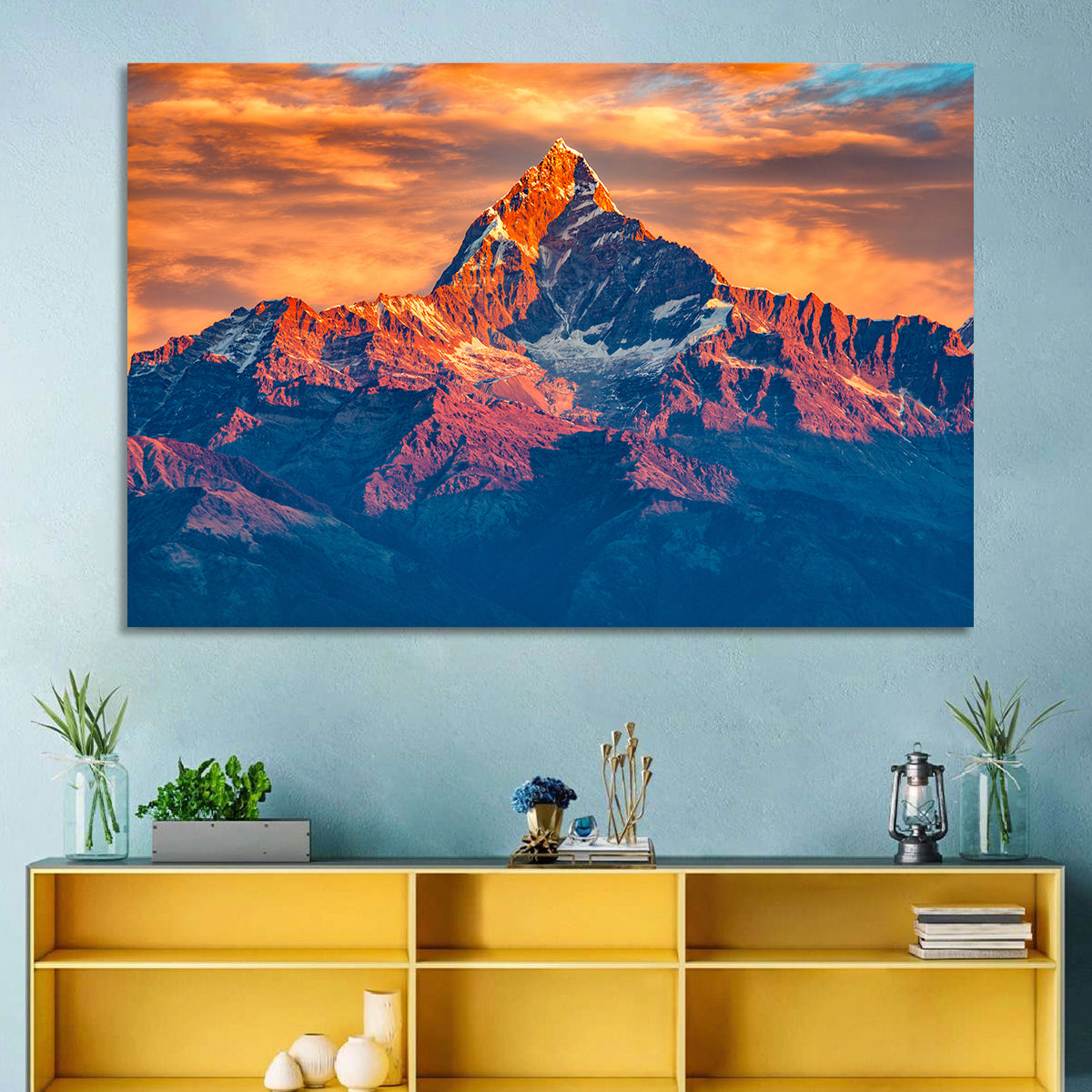 Machhapuchhre Sunrise Over Pokhara Wall Art in a room, landscape