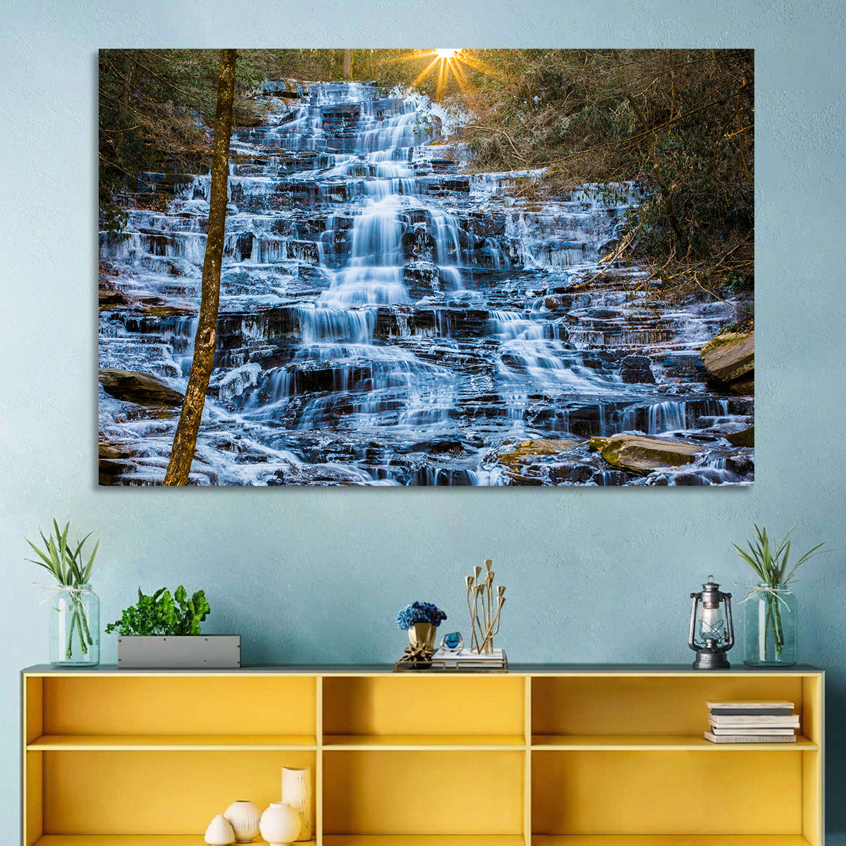 Minnehaha Falls Winter Cascade Wall Art in a room, landscape