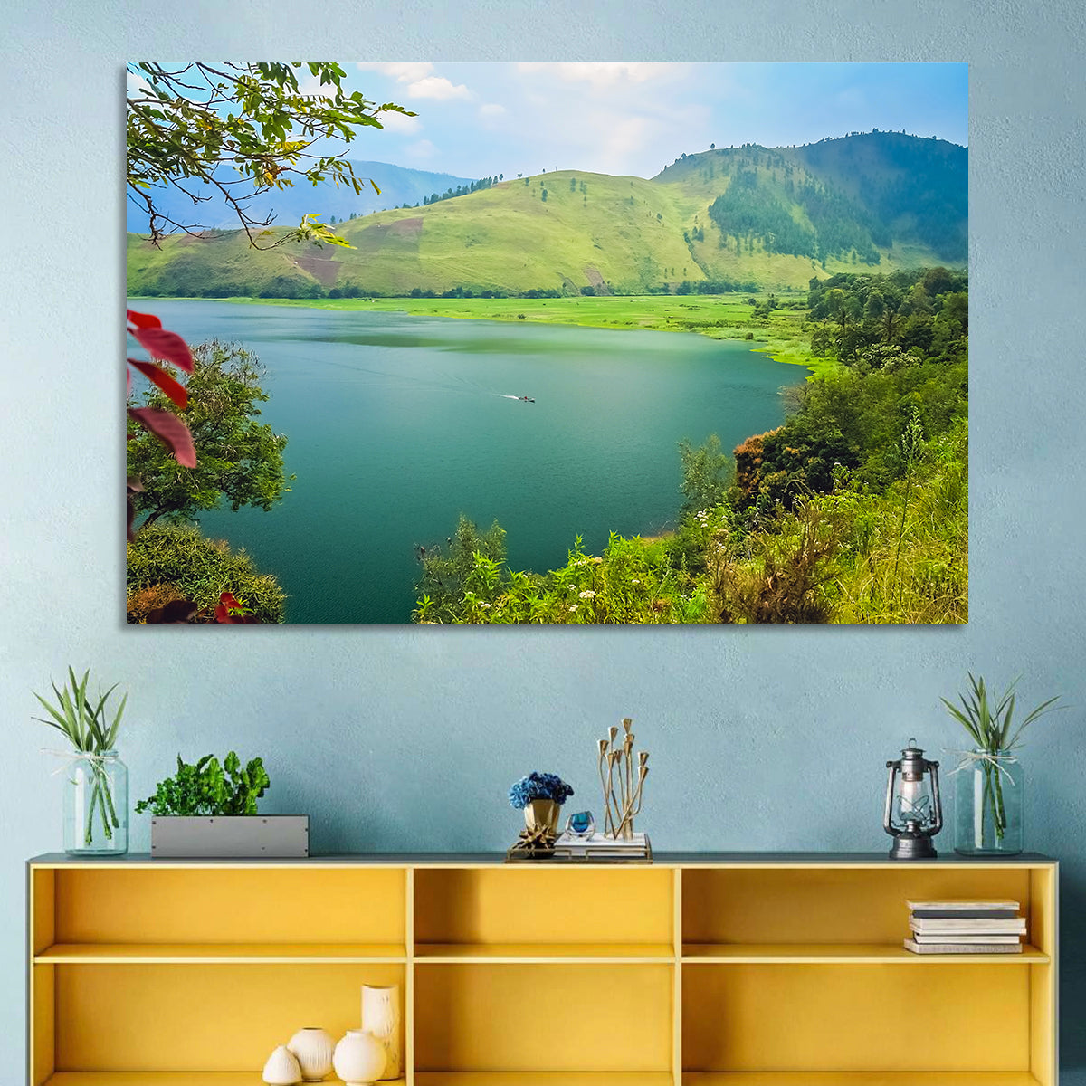 Lake Toba Boat and Hills Wall Art in a room, landscape