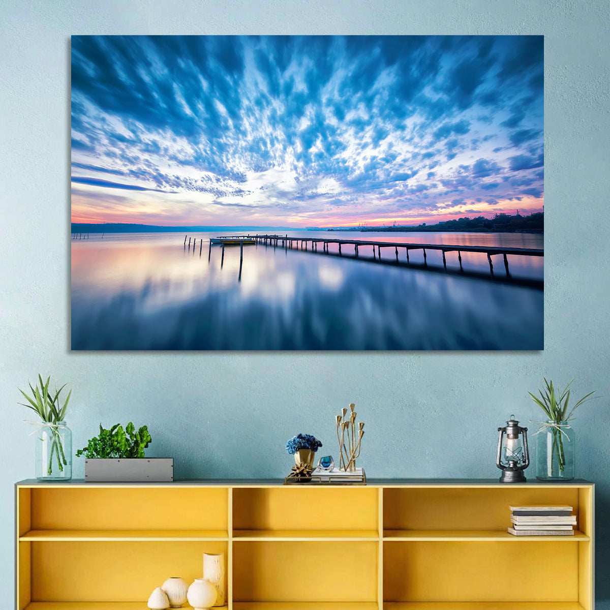 Cloudy Lake Pier at Dusk Wall Art