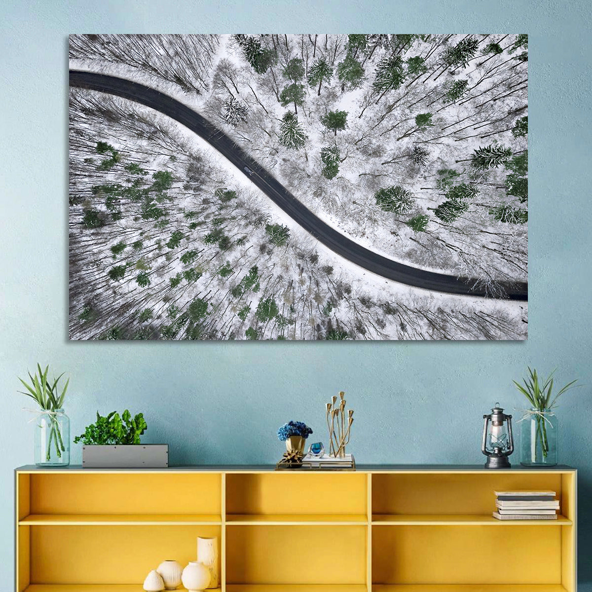 Snowy Forest Road Wall Art in a room, landscape
