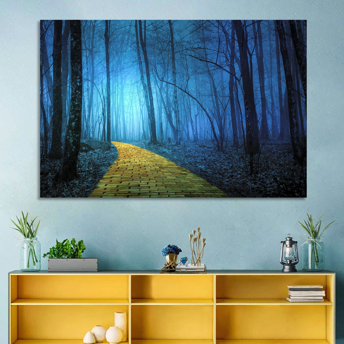 Misty Yellow Brick Road Wall Art in a room, landscape