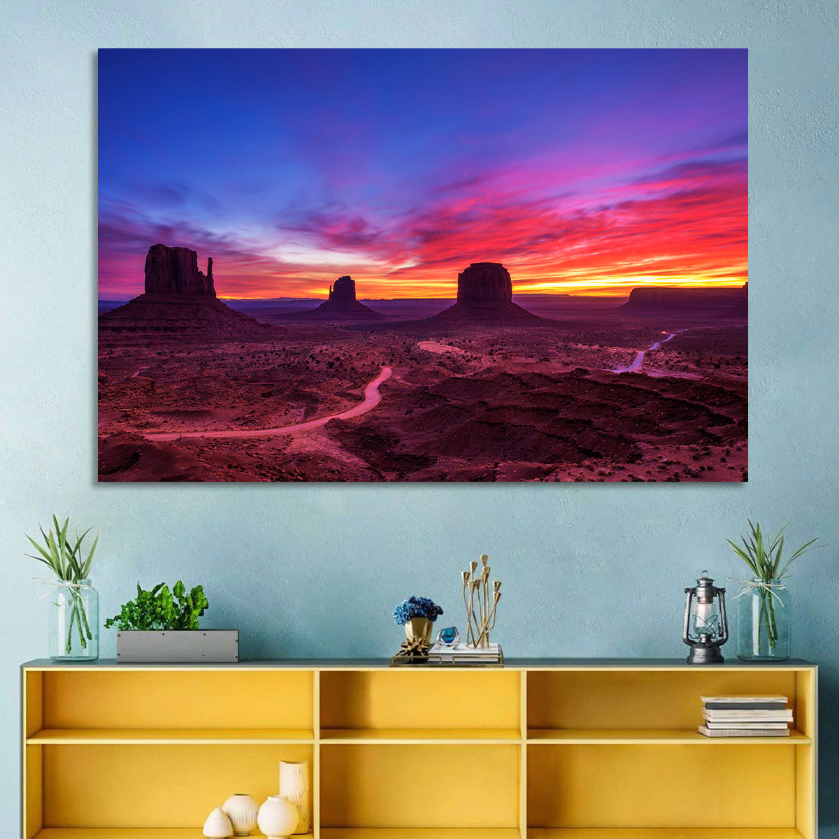 Monument Valley Arizona Sunset Wall Art in a room, landscape