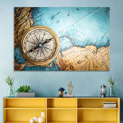 Vintage Compass Over Atlantic Map Wall Art