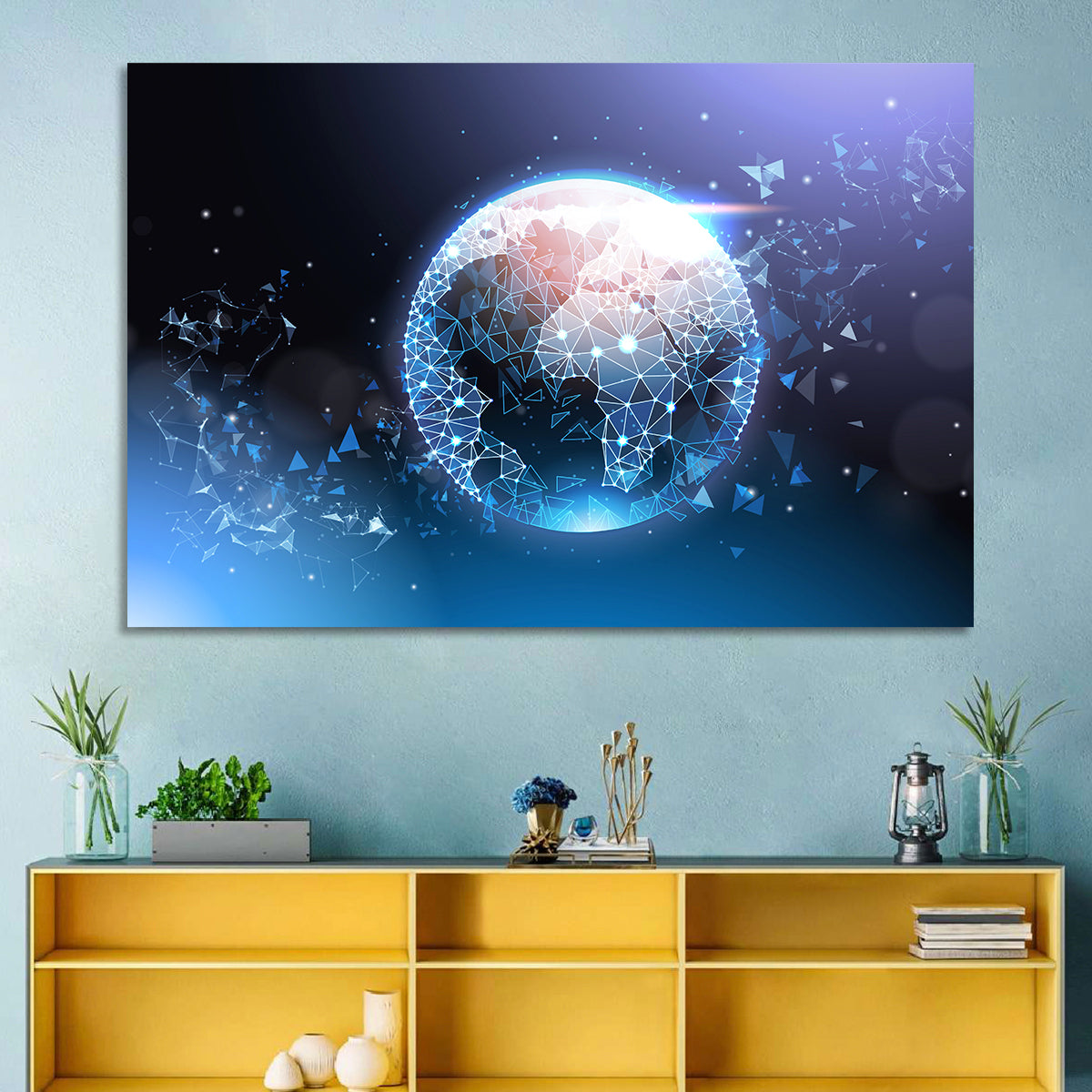 Wireframe Globe Network Wall Art in a room, landscape