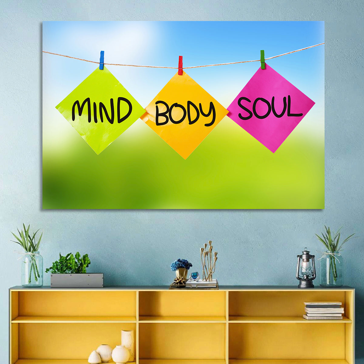 Mind Body Soul Paper Trio Wall Art in a room, landscape