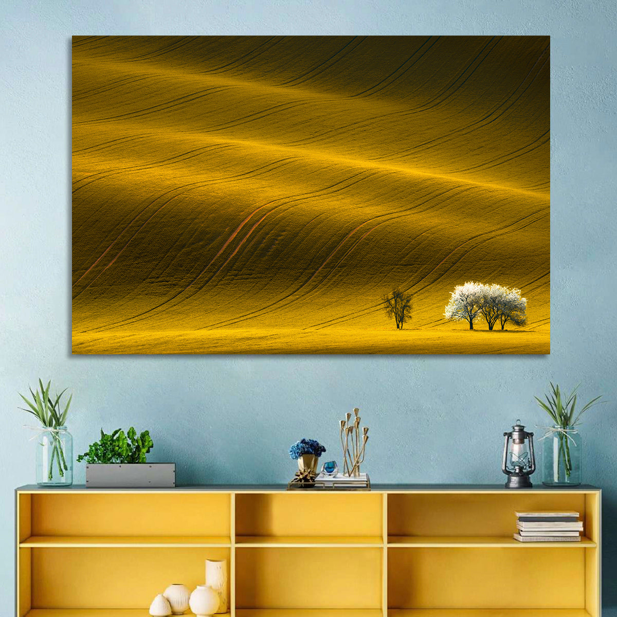 Golden Hour Rapeseed Field Wall Art in a room, landscape