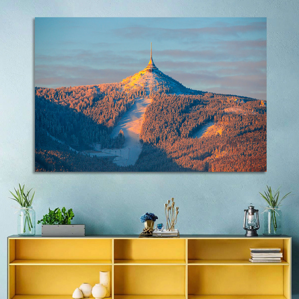 Ještěd Summit at Golden Hour Wall Art in a room, landscape