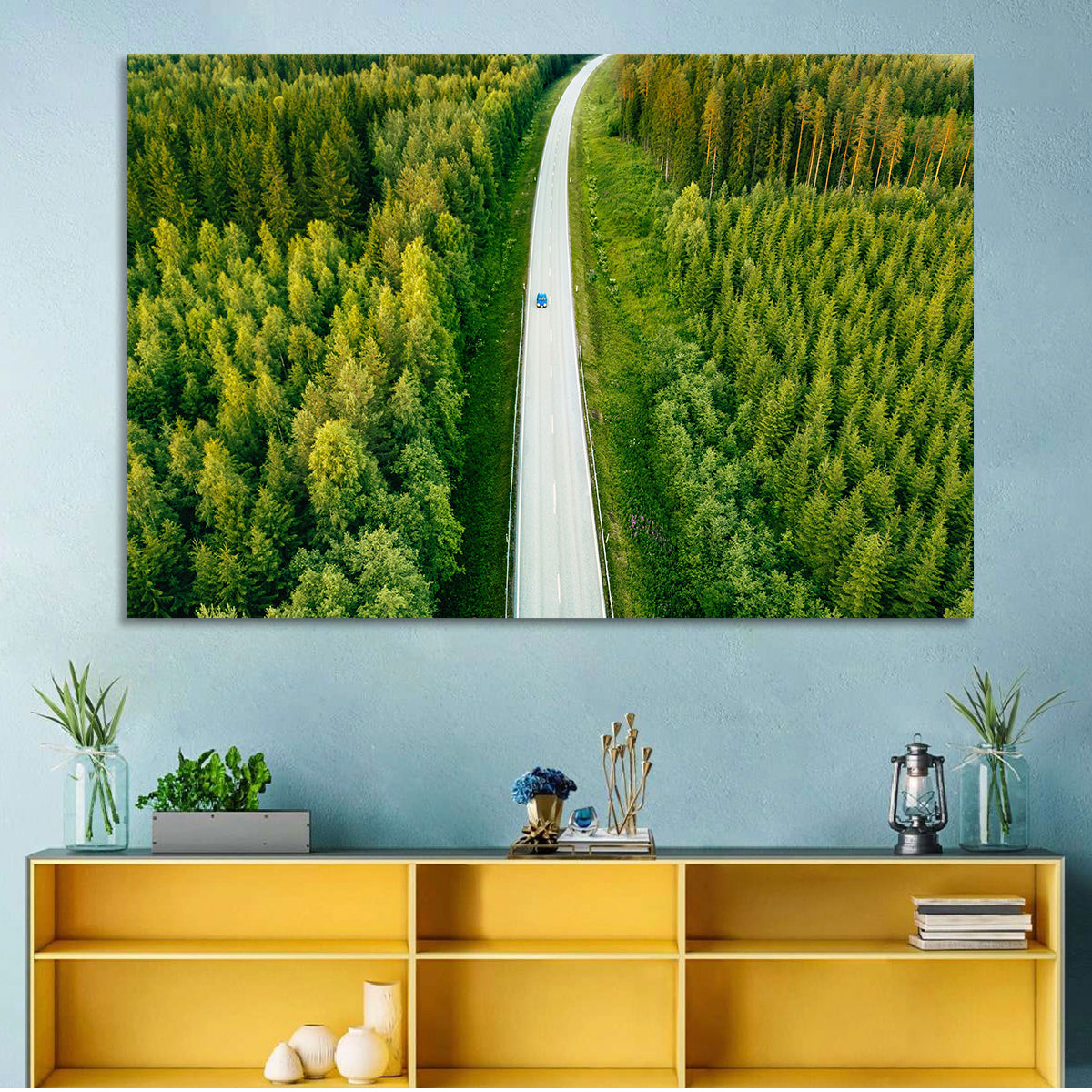 Blue Car on Forest Road Wall Art