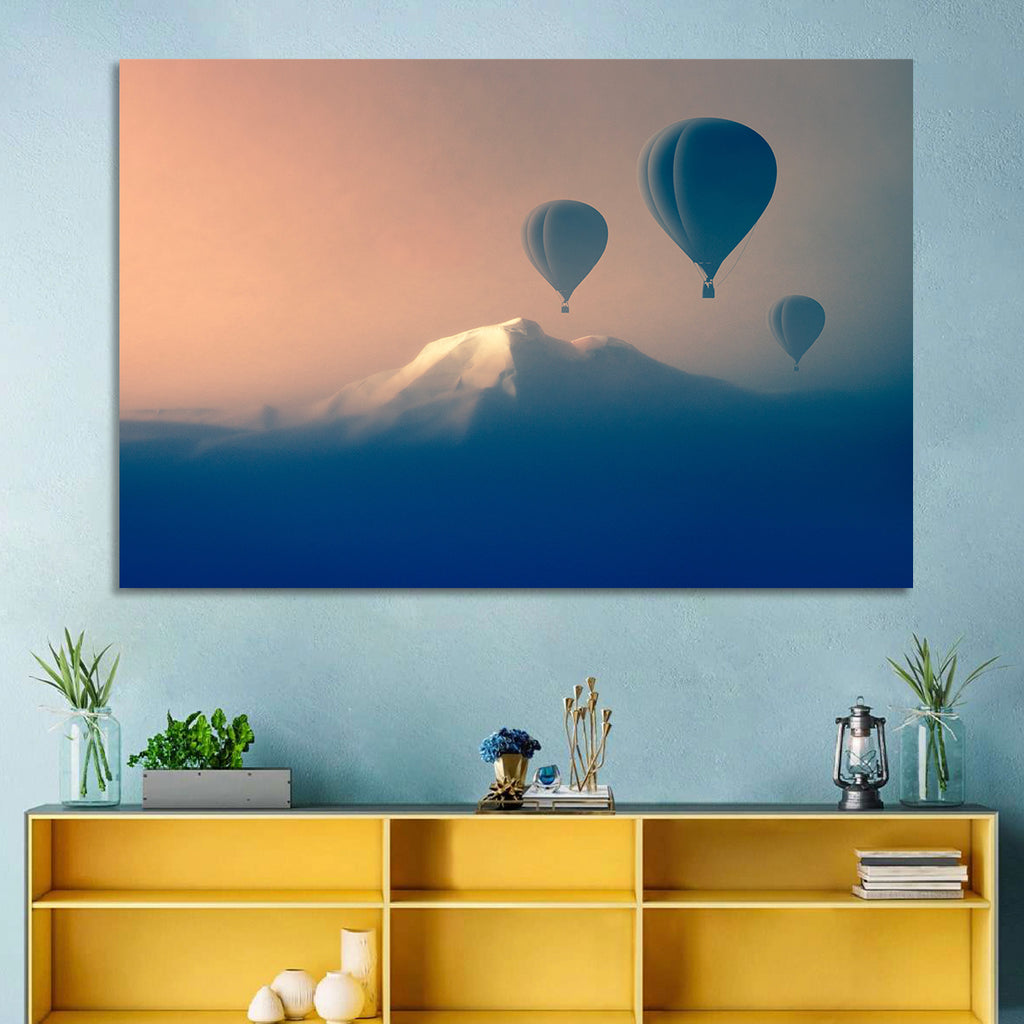 Three Hot Air Balloons Over Misty Peak Wall Art