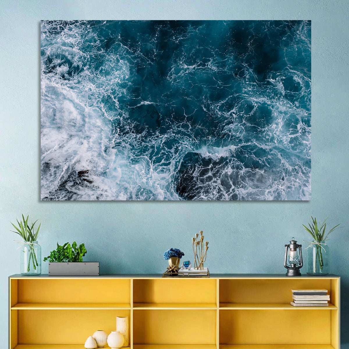 Aerial Swirling Ocean Waves Wall Art in a room, landscape