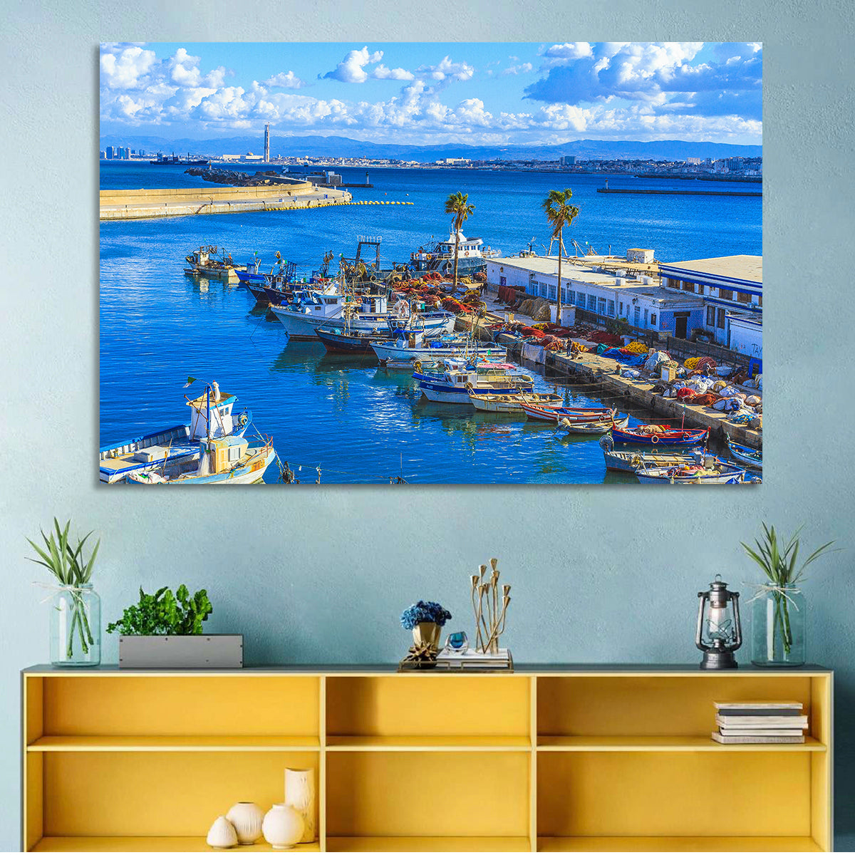 Sfax Fishing Harbor Wall Art in a room, landscape