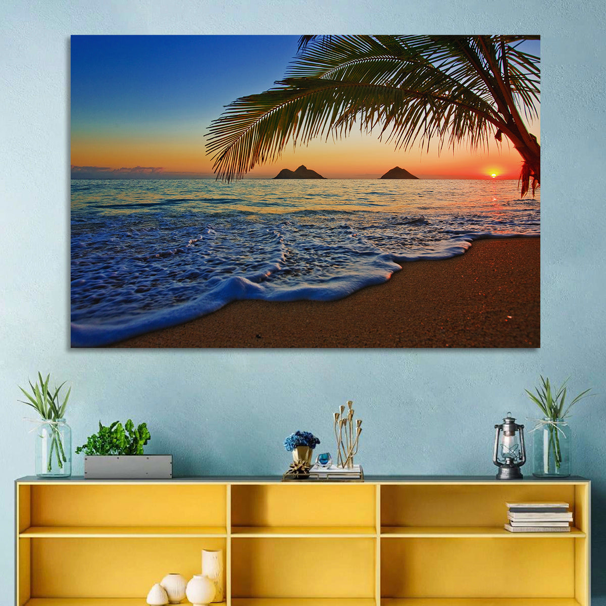 Lanikai Sunset Over Mokulua Islands Wall Art in a room, landscape