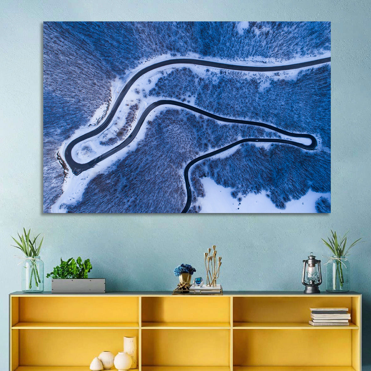 Montenegro Snowy Mountain Road Wall Art in a room, landscape