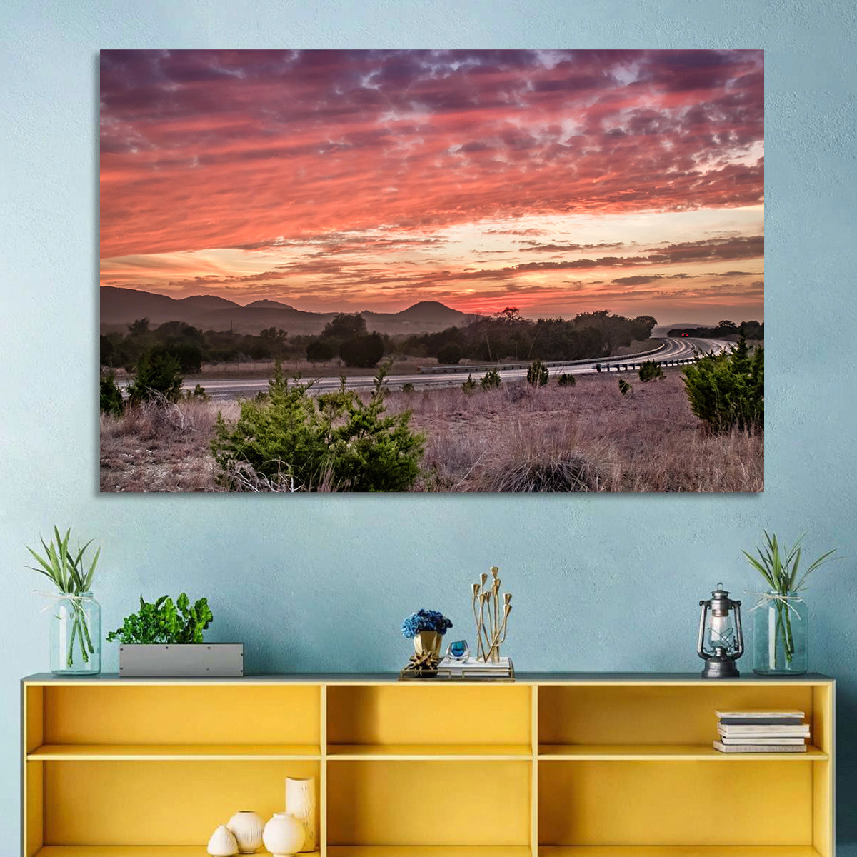 Sunset Curve on Texas Highway 16 Wall Art in a room, landscape