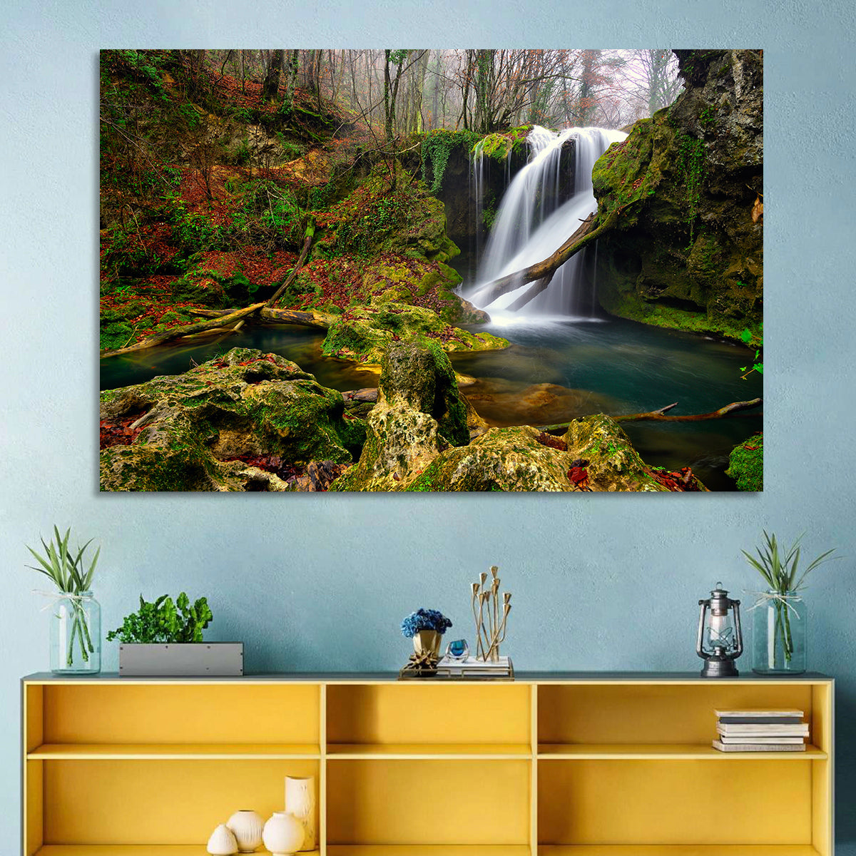 Cheile Nerei Mossy Waterfall Wall Art in a room, landscape