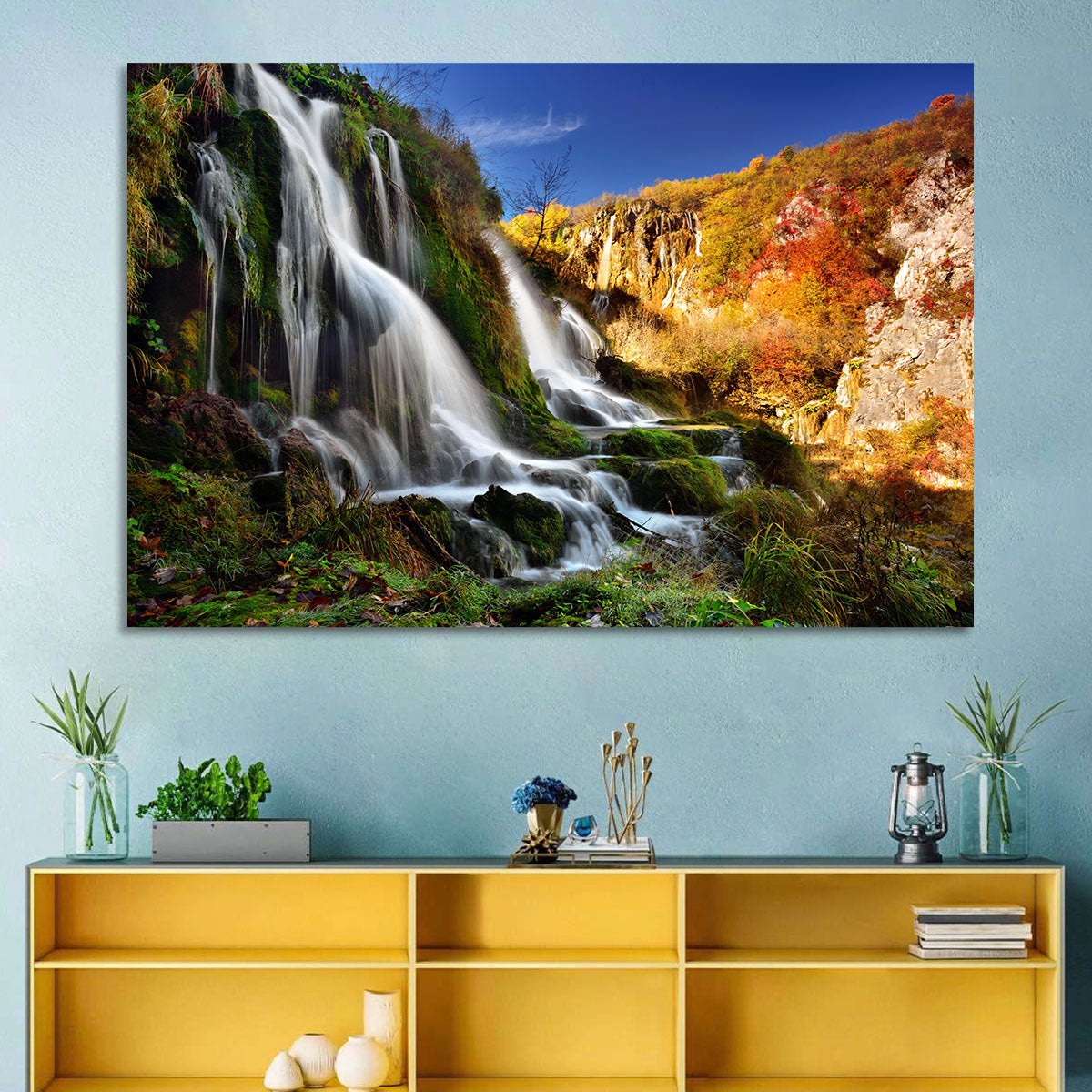 Plitvice Lakes Waterfall Wall Art in a room, landscape