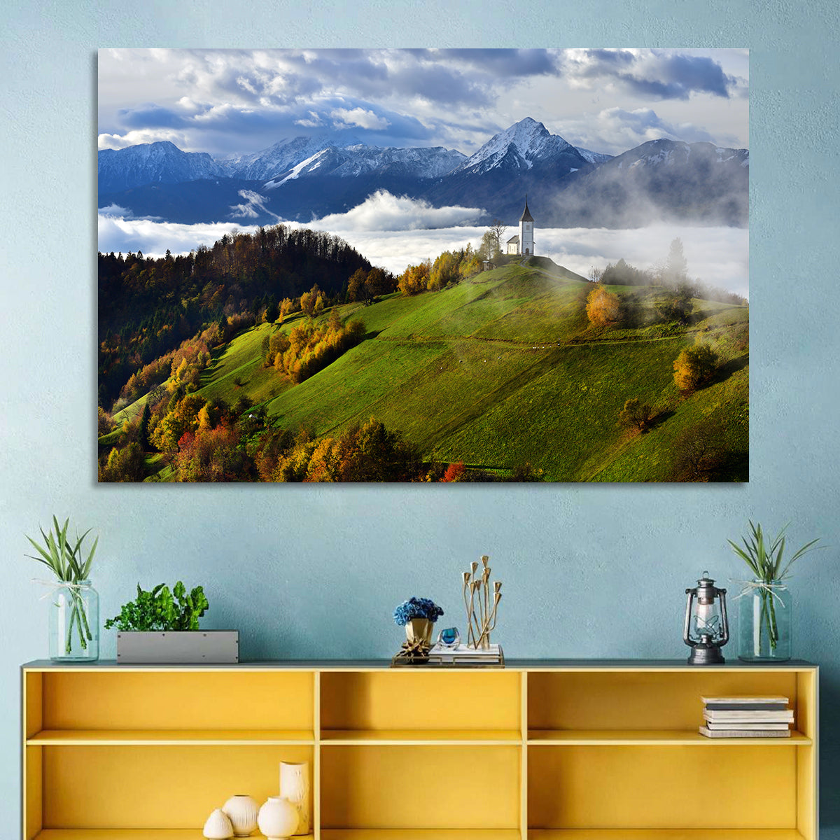 Jamnik Church on Misty Hill Wall Art in a room, landscape