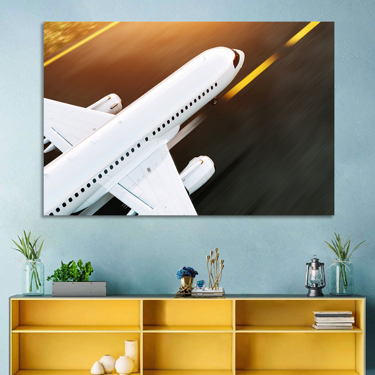 Commercial Jet Takeoff at Sunset Wall Art in a room, landscape