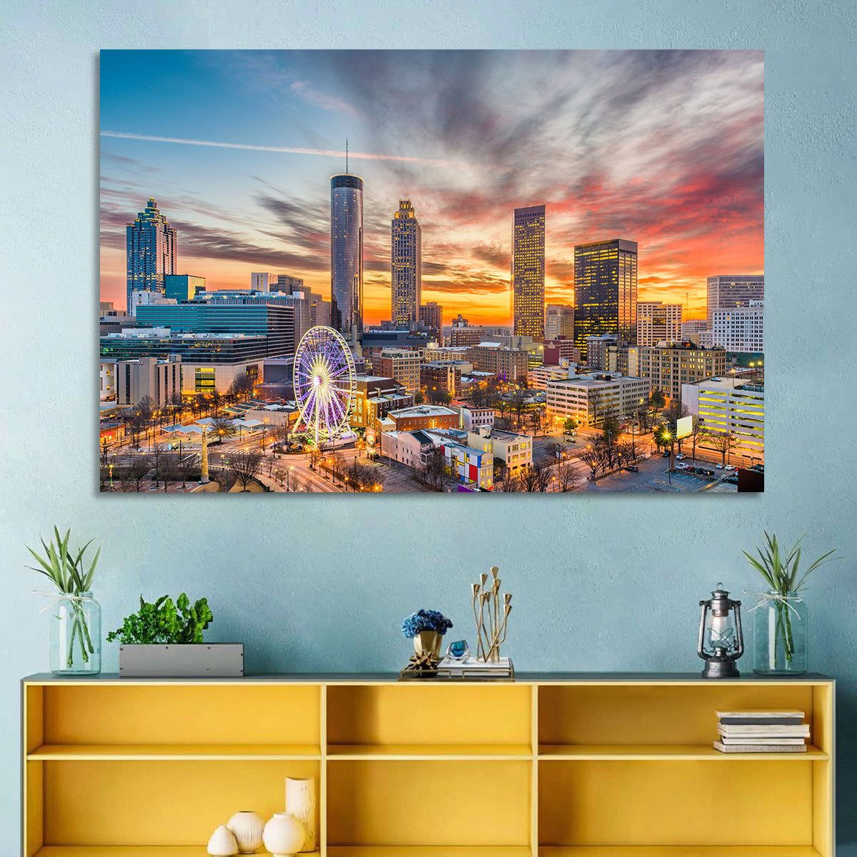 Atlanta Skyline with Skyview Wheel Wall Art in a room, landscape