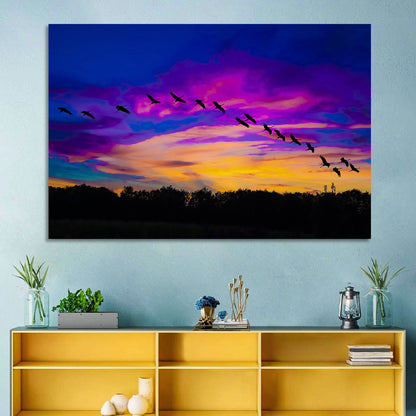 Silhouetted Cranes at Dusk Wall Art