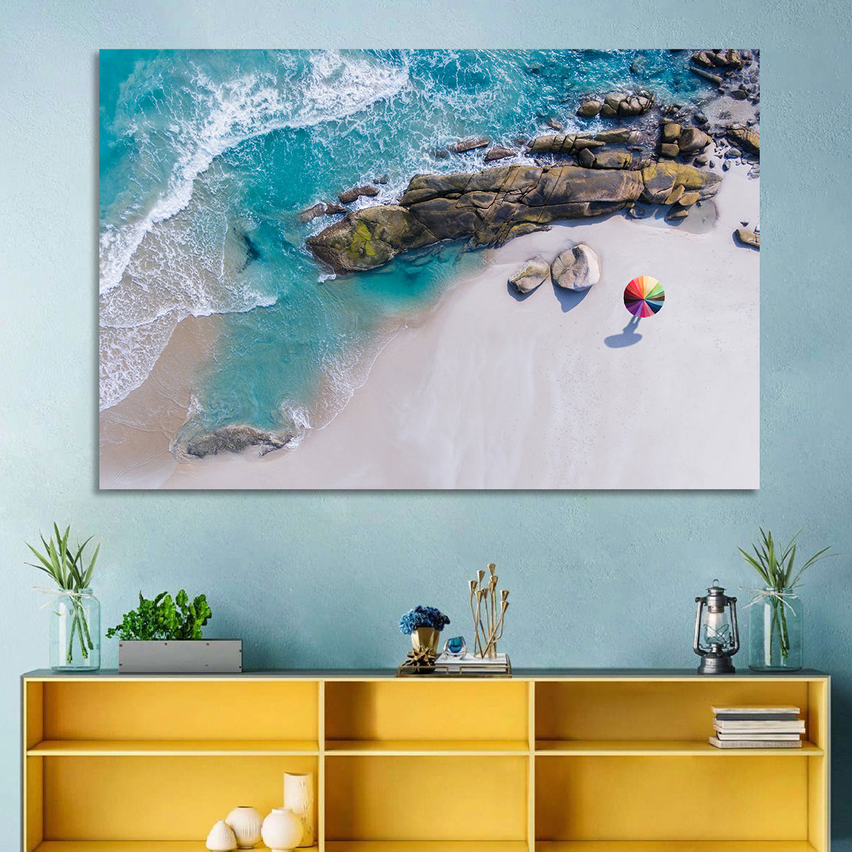 Aerial Beach with Rainbow Umbrella Wall Art