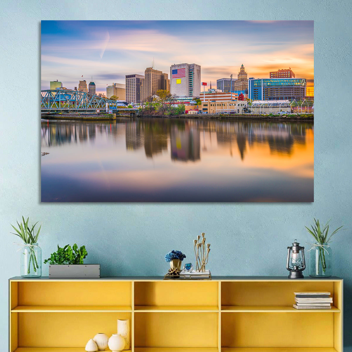 Providence Skyline at Golden Hour Wall Art in a room, landscape
