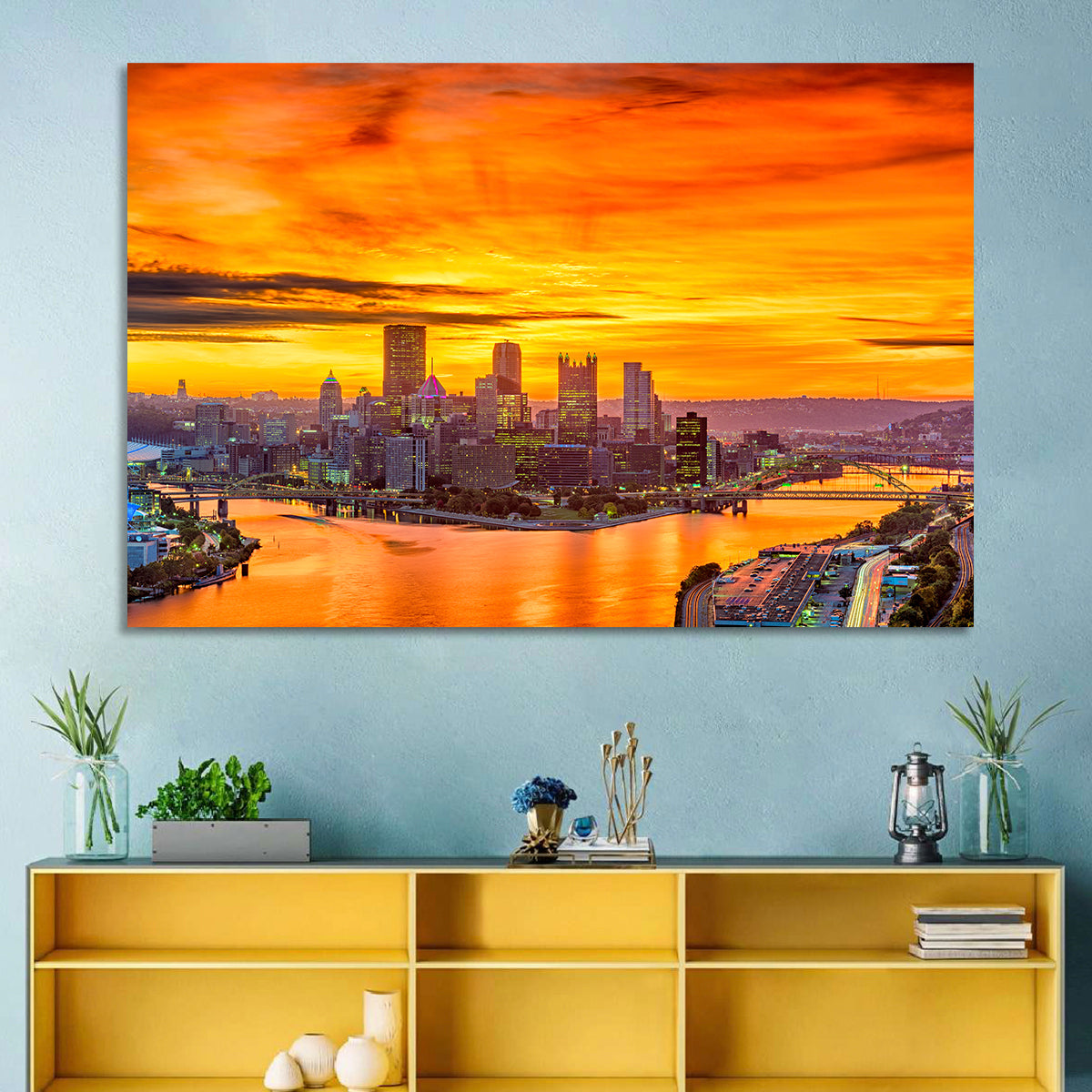 Pittsburgh Skyline at the Point Wall Art in a room, landscape