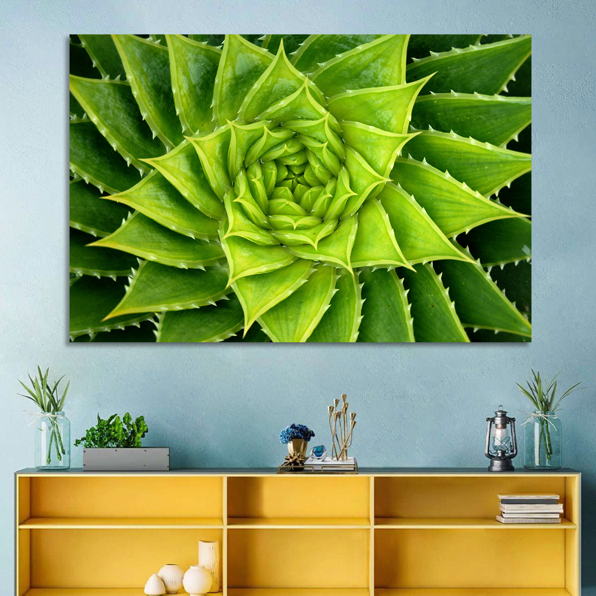 Spiral Aloe Succulent Wall Art in a room, landscape