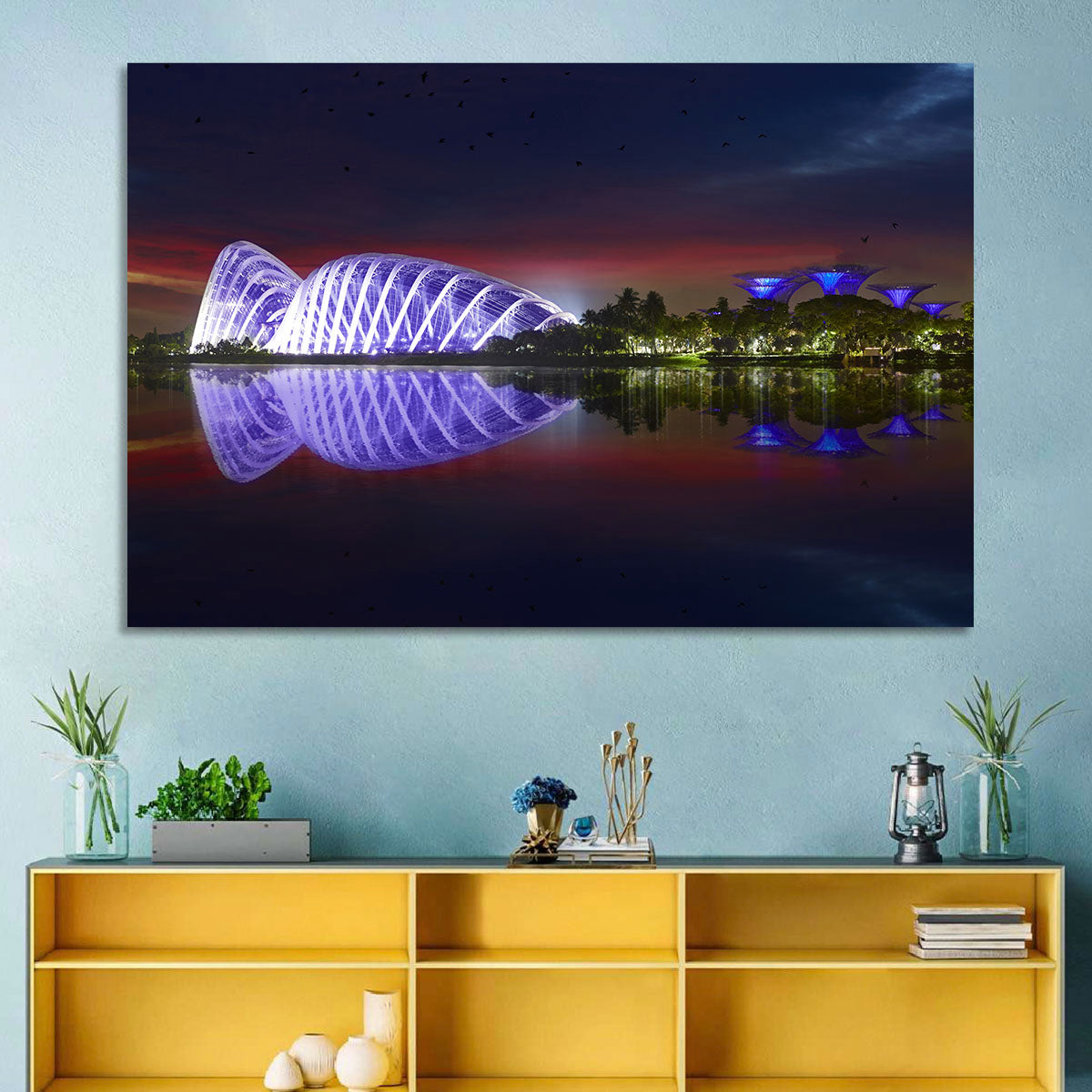 Gardens by the Bay Night Reflection Wall Art in a room, landscape