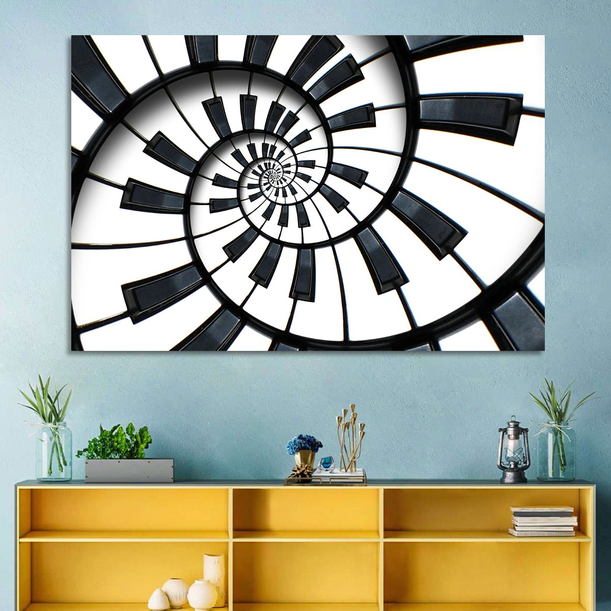 Recursive Spiral Piano Keys Wall Art in a room, landscape