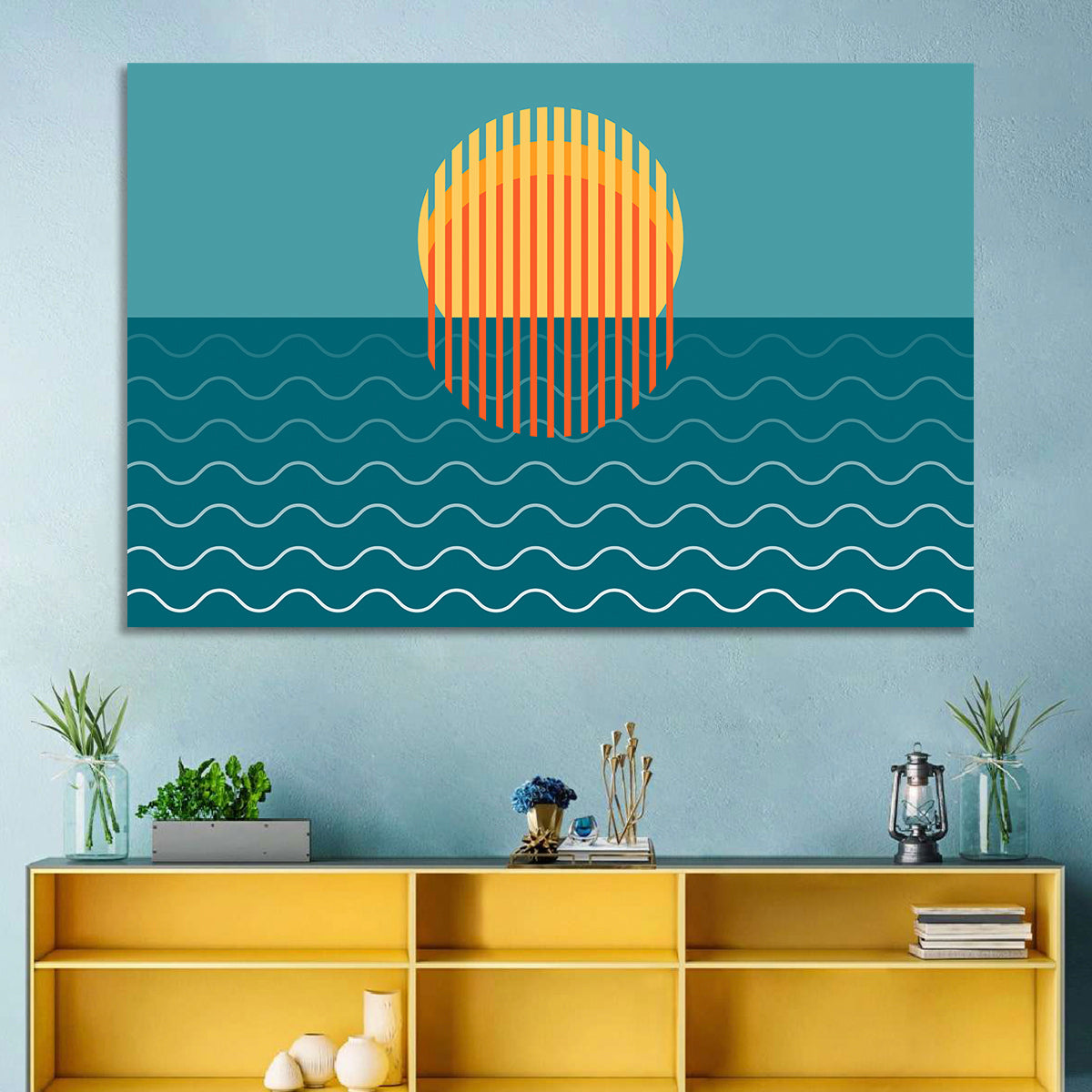 Teal Ocean Sunset Illustration Wall Art in a room, landscape