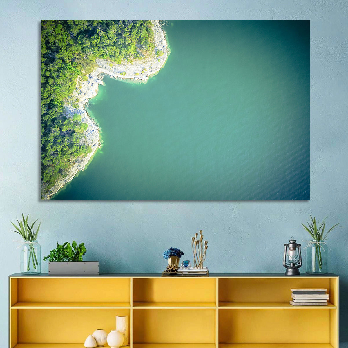 L-shaped Coastline Over Teal Lake Wall Art