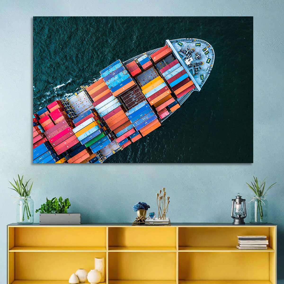 Container Ship Aerial View Wall Art in a room, landscape