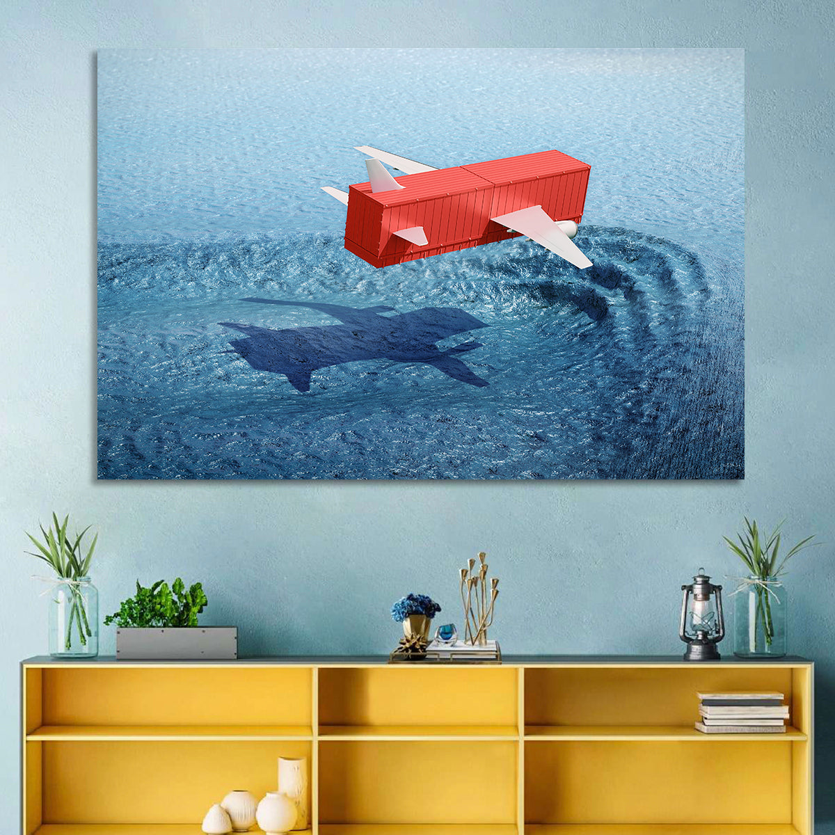 Flying Shipping Container Wall Art in a room, landscape