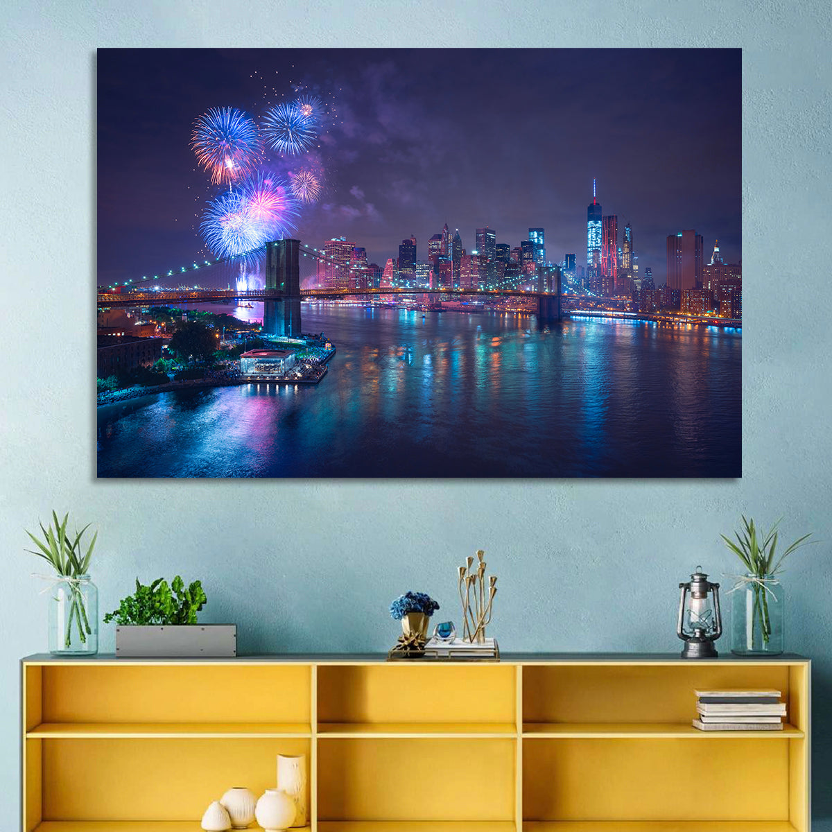 Fireworks Over Brooklyn Bridge Wall Art in a room, landscape