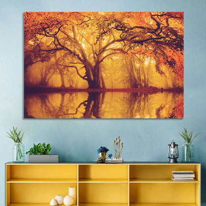 Golden Mist Forest Reflection Wall Art