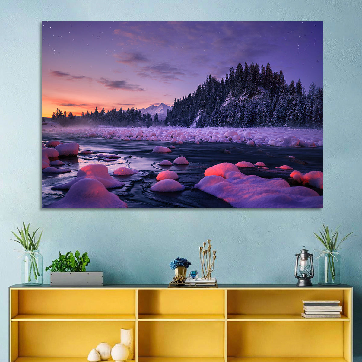 Twilight River and Snowy Pines Wall Art
