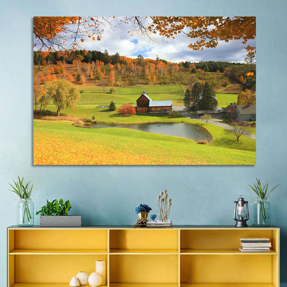 Vermont Barn by Pond Wall Art in a room, landscape