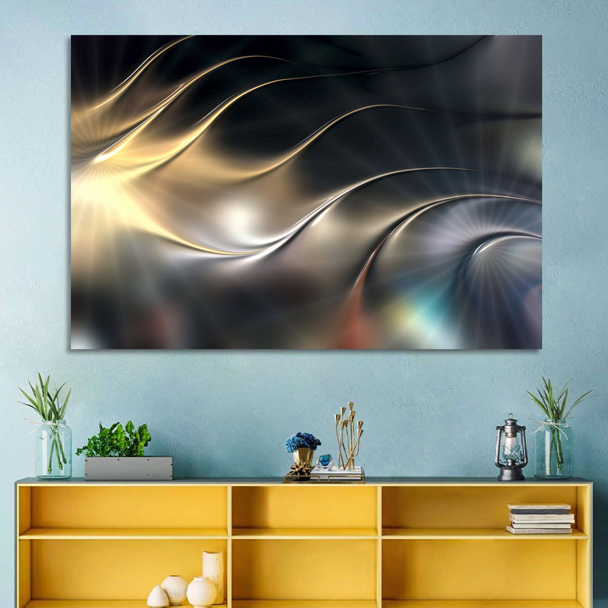 Luminous Metallic Wave Wall Art in a room, landscape