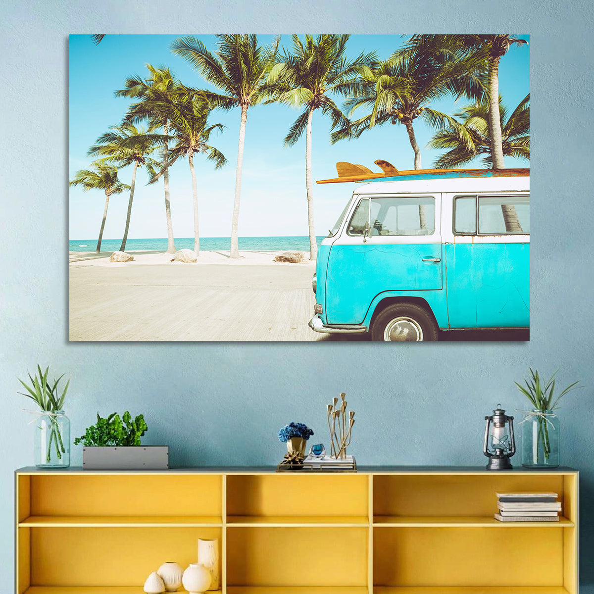 Vintage Vw Bus on Tropical Beach Wall Art in a room, landscape