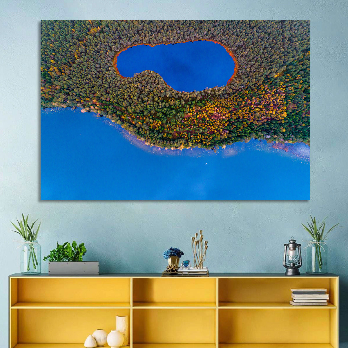 Autumn Forest Lake Wall Art in a room, landscape