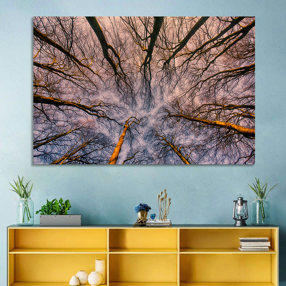 Misty Forest Canopy Wall Art in a room, landscape